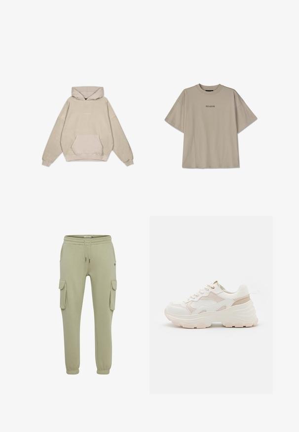 Beige hoodie met een ontspannen pasvorm, buidelzak, omgeslagen mouwen en een gladde textuur. Heeft subtiele logodetails aan de voorkant.; Beige katoenen t-shirt met oversize pasvorm, korte mouwen, ronde halslijn en gecentreerde zwarte tekst "PEGADOR." Geen patronen of extra details.; Lichtgroene cargobroeken van zacht stof, met zijzakken, elastische manchetten en een koordje in de taille voor een verstelbare pasvorm.; Witte en lichtroze sneaker met een chunky zool, gestructureerde stof, gladde leren accenten en decoratieve stiksels.