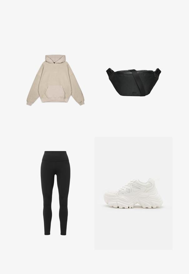 Beige hoodie met een ontspannen pasvorm, buidelzak, omgeslagen mouwen en een gladde textuur. Heeft subtiele logodetails aan de voorkant.; Zwarte leggings met een hoge tailleband, gemaakt van rekbaar materiaal, hebben een gladde, gestructureerde afwerking en een aansluitend ontwerp.; Witte chunky sneakers met een textuur bovenwerk, meshpanelen en dikke rubberen zolen met een uitgesproken profiel. Inclusief veters en een aantreklip.; s.Oliver Schoudertas - schwarz