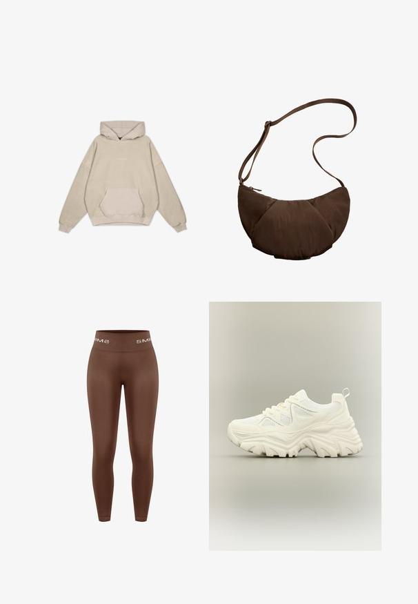 Sweatshirt à capuche beige avec une coupe décontractée, poche kangourou, manches côtelées et texture lisse. Présente des détails de logo discrets à l'avant.; Leggings marron taille haute avec une texture lisse, dotés d'une ceinture tricotée portant le logo "SMIMS" en blanc, coupe ajustée, longueur totale.; Baskets blanches épaisses avec semelle texturée épaisse, panneaux en mesh, laçage à l'avant et languette au talon sur un fond neutre.; Sac épaule rembourré en forme de croissant marron avec bandoulière ajustable et fermeture éclair sur fond blanc.