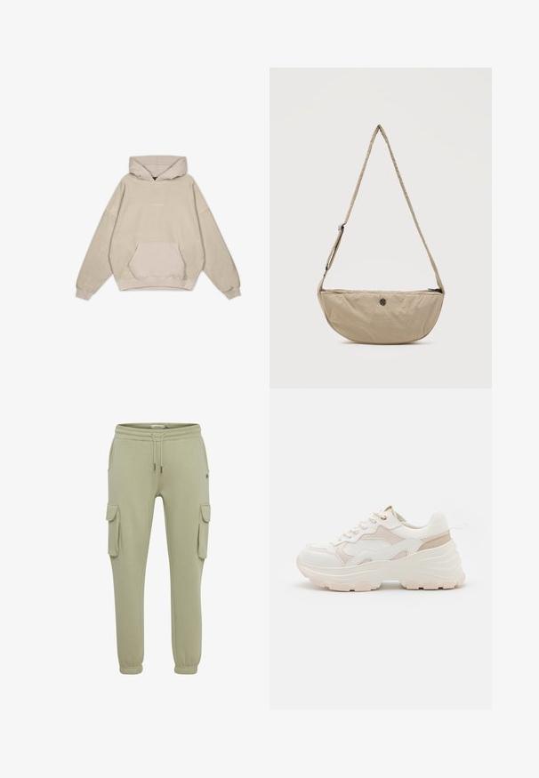 Beige hoodie met een ontspannen pasvorm, buidelzak, omgeslagen mouwen en een gladde textuur. Heeft subtiele logodetails aan de voorkant.; Lichtgroene cargobroeken van zacht stof, met zijzakken, elastische manchetten en een koordje in de taille voor een verstelbare pasvorm.; Witte en lichtroze sneaker met een chunky zool, gestructureerde stof, gladde leren accenten en decoratieve stiksels.; Beige, halvemaanvormige crossbodytas met verstelbare riem en klein, rond metalen logo aan de voorkant, ritssluiting bovenaan.