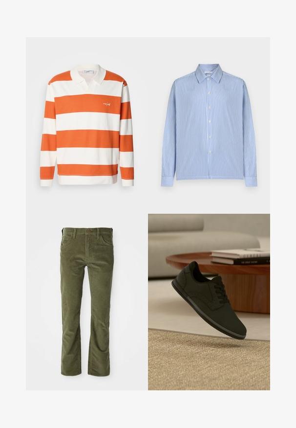 Langærmet polo med striber i orange og hvid, der har en blød tekstur, klassisk krave og broderet brandlogo på brystet.; Langærmet skjorte med lodrette lyseblå og hvide striber, knapper foran og spids krave, vist mod en ensfarvet baggrund.; Olivengrønne fløjlsbukser med forlommer, bæltestropper, knaplukning og let udvidelse ved benåbningerne.; Sort afslappet sneaker svæver over et tekstureret beige tæppe med et rundt træ-sofabord og bøger i baggrunden.