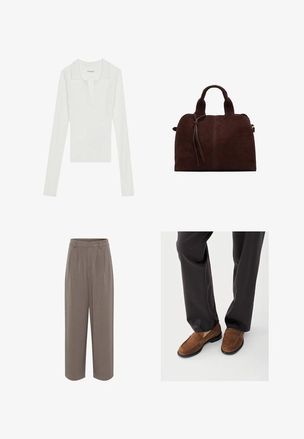 Camisa polo de manga larga blanca con cuello en V y cuello en contraste, que presenta un diseño ajustado y una textura suave.; Pantalones de pierna ancha marrones, hechos de una tela suave, con una cintura alta y dos pliegues frontales, presentando una silueta limpia y entallada.; Mocasines de ante marrón con textura suave, con detalles de costuras en la parte delantera y suela de goma negra, combinados con pantalones negros.; Bolso de ante marrón con dos asas superiores, un detalle de nudo en la parte frontal y costuras en contraste. Textura suave y forma estructurada.