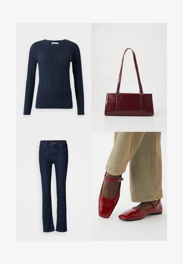 Marineblå strikket sweater med kabelmønster, rund halsudskæring, lange ærmer og ribbet kant og manchetter. Holdbart stof med tekstureret finish.; Mørkeblå denim jeans med lige ben-design, fem-lomme stil og lys syning. Linningen har en metal-knap lukning.; Røde patentlæder sko med firkantet tå, lav hæl og ankelrem, parret med lysegrønne vide bukser. Glat tekstur, reflekterende overflade.; Bordeaux håndtaske lavet af glansfuldt materiale, rektangulær form, med to skulderremme og subtile buede detaljer på forsiden.