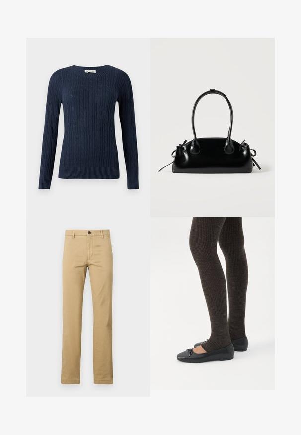 Marineblå strikket sweater med kabelmønster, rund halsudskæring, lange ærmer og ribbet kant og manchetter. Holdbart stof med tekstureret finish.; Khaki chinos lavet af bomuld, med lige ben, to frontlommer, en enkelt knaplukning og bæltestropper, samt en glat tekstur.; Ben iført mørke ribbede leggings kombineret med sorte balletsko med små sløjfedetaljer på hvid baggrund.; Lille sort blank håndtaske med to lange håndtag og snøre-detaljer i siden på en ensfarvet lys baggrund.