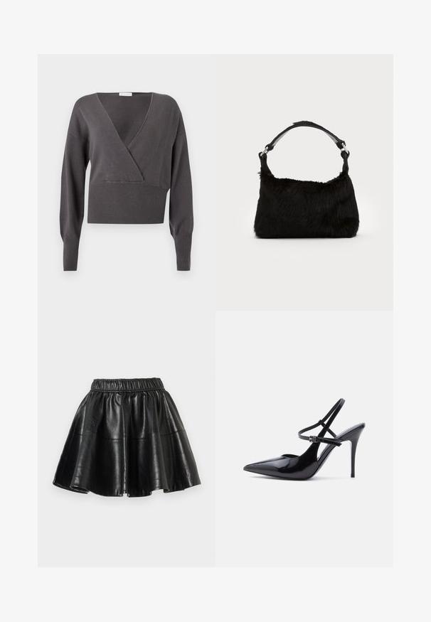 Pull gris court présentant un col en V, des manches longues, un ourlet et des poignets côtelés, ainsi qu'une texture en maille douce. Design classique avec des détails minimaux.; Jupe évasée en faux cuir noir avec une taille élastique et des coutures visibles sur un fond blanc uni.; Chaussure à talon haut en cuir verni noir à bout pointu, avec deux fines brides de cheville ajustables et un talon aiguille, vue de côté.; Sac à main en fausse fourrure noire avec une texture douce, une forme arrondie et une bandoulière en cuir noir robuste. Accent en métal argenté visible.