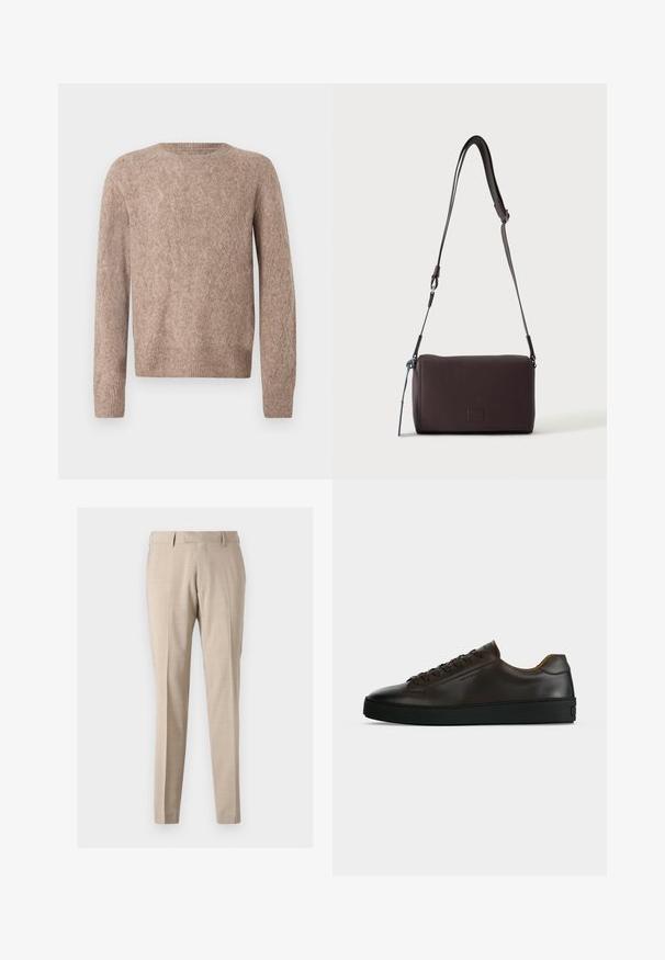 Hellbrauner Strickpullover mit dezentem Zickzackmuster, Rundhalsausschnitt, langen Ärmeln und gerippten Bündchen sowie Saum.; Beige, taillierte Hose aus leichtem Stoff, mit vorderen Falten, zwei seitlichen Taschen und einer glatten Textur.; Flach geschnittener dunkelbrauner Ledersneaker mit schwarzer Gummisohle, Schnürung vorne und schlicht-minimalistischem Design auf hellem Hintergrund.; Dunkelbraune, strukturierte Leder-Crossbody-Tasche mit verstellbarem Riemen und kleinem dekorativen blauen Akzent an der Seite.