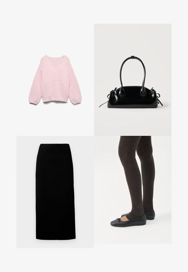 Lyserød strikket sweater med lange ballonærmer og bred, rund halsudskæring, vist fladt på en hvid baggrund.; Sort midiskørt lavet af blødt stof, med lige snit og elastisk talje, med en glat tekstur og uden synlige mønstre eller detaljer.; Ben iført mørke ribbede leggings kombineret med sorte balletsko med små sløjfedetaljer på hvid baggrund.; Lille sort blank håndtaske med to lange håndtag og snøre-detaljer i siden på en ensfarvet lys baggrund.