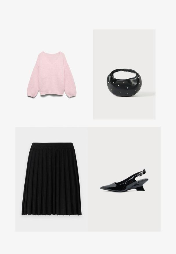 Lyserød strikket sweater med lange ballonærmer og bred, rund halsudskæring, vist fladt på en hvid baggrund.; Vero Moda Knitted VMMARINA Short - Mini skirts - black; Sort laklæder slingback sko med spids tå og lav vinklet blokhæl på ensartet lys baggrund.; Sort læderhåndtaske med en rundet form, dekoreret med sølvnitter, og et kort håndtag. Glat tekstur og lynlåslukning.