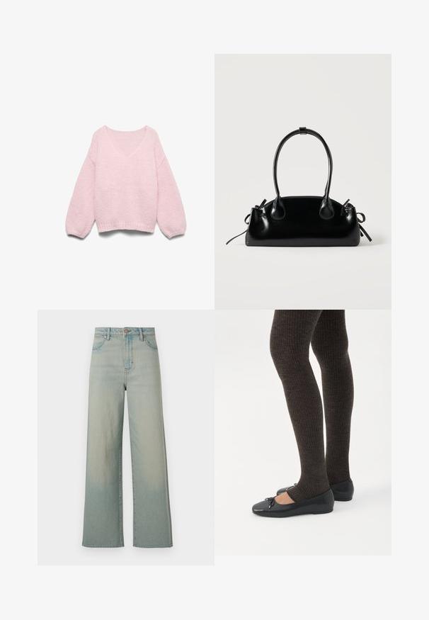 Lichtroze gebreide trui met lange ballonmouwen en een brede ronde hals, plat gelegd op een witte achtergrond.; Wrangler LOOSE STRAIGHT - Wijde jeans - silver lake; Benen met donkere geribbelde leggings gecombineerd met zwarte ballerina's met kleine strikdetails op een witte achtergrond.; Kleine zwarte glanzende handtas met twee lange hengsels en zijkant trekkoord details op een effen lichte achtergrond.