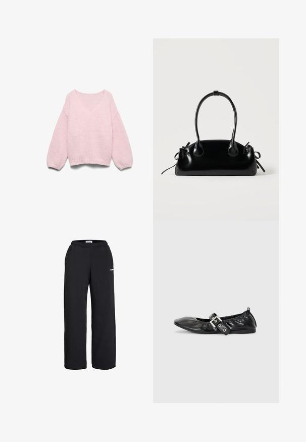 Lyserød strikket sweater med lange ballonærmer og bred, rund halsudskæring, vist fladt på en hvid baggrund.; Sorte sweatpants med lige ben, elastisk talje og lille hvidt logo på øvre lår, designet til afslappet brug.; Sorte læder flade sko med spids tå, samling detaljer omkring åbningen, og en sølv spænde accent på den justerbare rem.; Lille sort blank håndtaske med to lange håndtag og snøre-detaljer i siden på en ensfarvet lys baggrund.