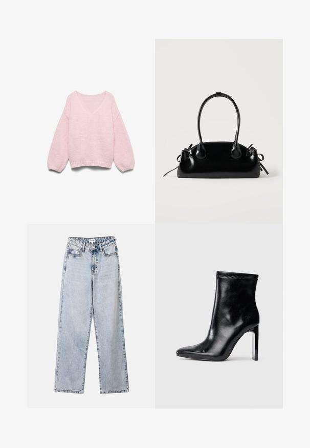 Pull tricoté rose clair avec manches ballons longues et large encolure dégagée, présenté à plat sur un fond blanc.; Jean droit bleu clair en denim, doté de deux poches avant, d'une fermeture à bouton et de coutures contrastées le long des coutures.; Bottine en cuir noir avec un bout pointu et un talon transparent haut. Texture lisse et finition minimaliste sur le dessus.; Petit sac à main noir brillant avec deux longues anses et des détails à cordon sur les côtés sur un fond clair uni.