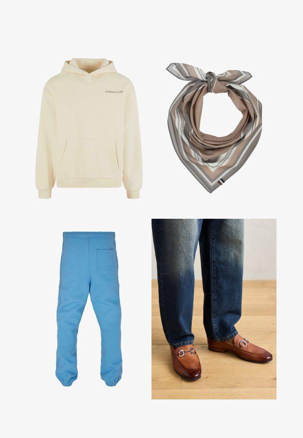 Hoodie crème avec poche kangourou, poignets et ourlet côtelés. Présente le logo "KARMA CLUB" en impression subtile sur le côté gauche. Texture douce.; Pantalon de survêtement bleu clair en coton doux. Équipé d'une taille élastique, de poignets de jambe fuselés et d'une poche arrière.; Mocassins en cuir marron avec un bout brillant et un matériel en mors de cheval argenté, associés à un jean en denim bleu clair, sur un sol en bois.; Foulard carré en soie avec des rayures beige, gris et blanc noué en un nœud lâche avec une petite étiquette en tissu tricolore sur le coin.