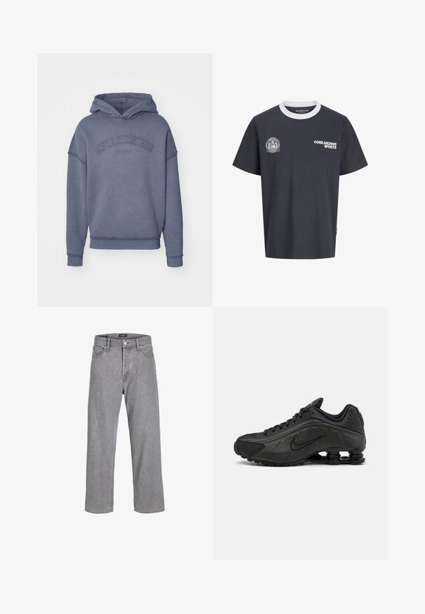 Mikina s kapucňou v tlmenom modrom odtieni, vyrobená z mäkkej tkaniny, s vyšitým logom "Alpha Industries" na hrudi a rebrovanými manžetami a spodným lemom.; Čierne tričko s krátkym rukávom a bielym okrúhlym golierom, text "CORE ARCHIVE SPORTS" na pravej strane hrudníka a kruhové športové logo na ľavej strane hrudníka.; Šedé denimové nohavice s uvoľneným, voľným strihom. Majú tradičný dizajn s piatimi vreckami a zapínanie na gombík na páse.; Čierne bežecké topánky s hladkým syntetickým zvrškom, perforovanými akcentmi, textúrovanými bočnými panelmi a výraznou pružnou podrážkou.