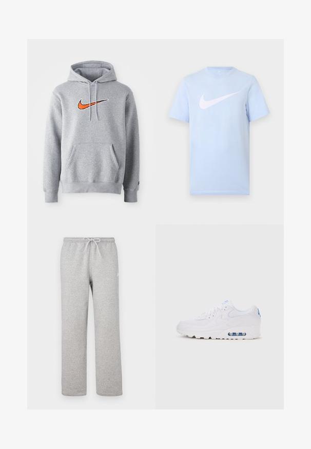 Sudadera gris con capucha hecha de una mezcla de algodón. Presenta un bolsillo canguro y capucha con cordones. Logo de Nike bordado en naranja en el pecho.; Camiseta de manga corta color azul claro con un gran logo blanco de Nike Swoosh centrado en el frente sobre un fondo liso.; Pantalones deportivos grises con cintura elástica y cordón ajustable. Fabricados con tela suave, cuentan con piernas rectas y un sutil detalle de logotipo.; Zapatilla baja blanca con amortiguación visible de aire, cierre de cordones y detalles de logo azul en el talón y la lengüeta, vista de lado.