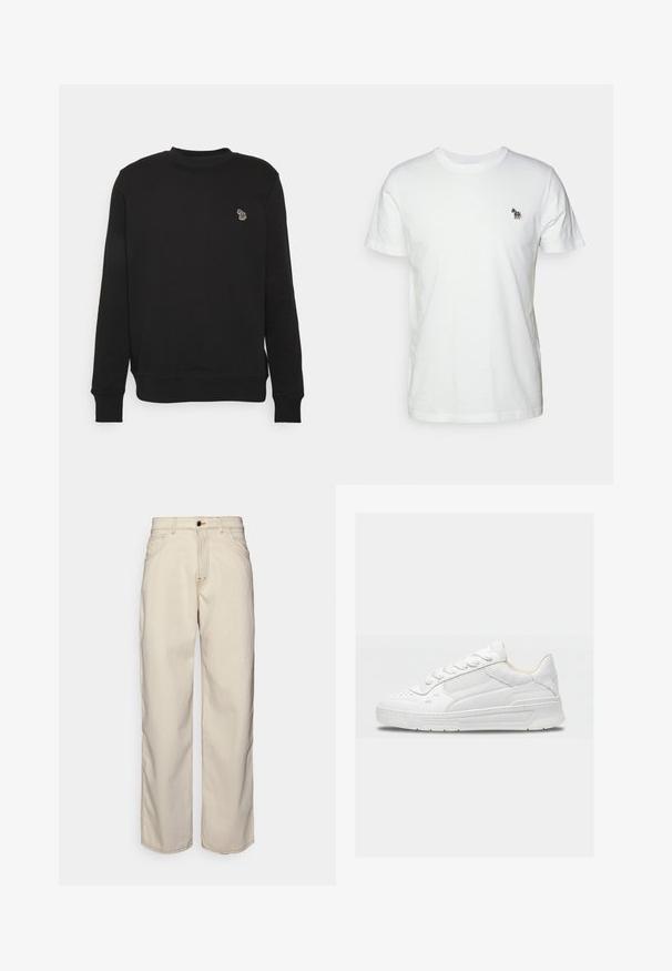 Sort sweatshirt lavet af en blanding af bomuld, med ribbet rund hals, lange ærmer og et broderet elefantlogo på brystet.; Hvid bomulds t-shirt med klasik rund hals og korte ærmer. Har et lille, flerfarvet broderet hestelogo på brystet.; Fiorucci CARPENTER - Jeans Straight Leg - white; Hvid lavtop sneaker med perforerede detaljer og mesh sidepanel, med en tyk sål og snøredesign.