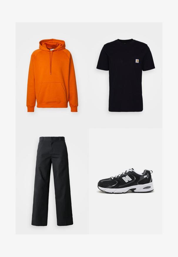 Sudadera naranja con un bolsillo canguro frontal, capucha con cordón y puños acanalados. Fabricada con un tejido suave y de textura lisa.; Camiseta de algodón negra con mangas cortas, cuello redondo y un bolsillo en el pecho que presenta un pequeño parche de logo cuadrado. Diseño simple y sólido.; Pantalones de pierna ancha negros hechos de algodón. Cuenta con cierre de botón, lazos para cinturón y bolsillos laterales. Textura suave con un corte ajustado.; Zapatillas deportivas en negro y gris con parte superior de malla y ante, que cuentan con una entresuela blanca, cordones y un llamativo logo "N" en el lateral.
