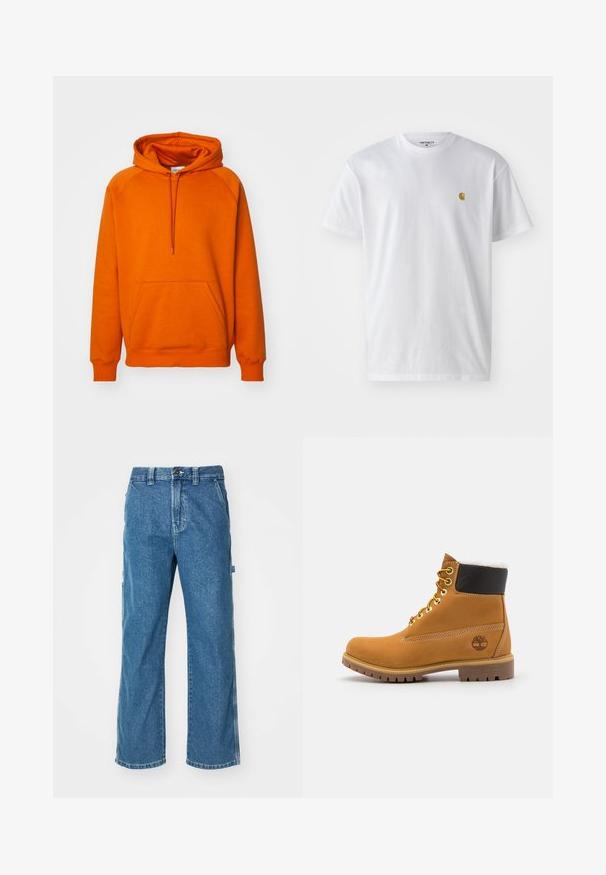 Sudadera naranja con un bolsillo canguro frontal, capucha con cordón y puños acanalados. Fabricada con un tejido suave y de textura lisa.; Camiseta de algodón blanca con mangas cortas, cuello redondo, que presenta un pequeño logo dorado en la parte izquierda del pecho. Textura suave y corte regular.; Pantalones cargo de mezclilla azul con un corte relajado, que cuentan con bolsillos laterales, cremallera en la bragueta y costuras de contraste en las costuras.; Botín de cuero marrón con ojales de metal, forro de piel sintética blanca, cuello acolchado negro, suela resistente y logotipo en relieve en el costado.