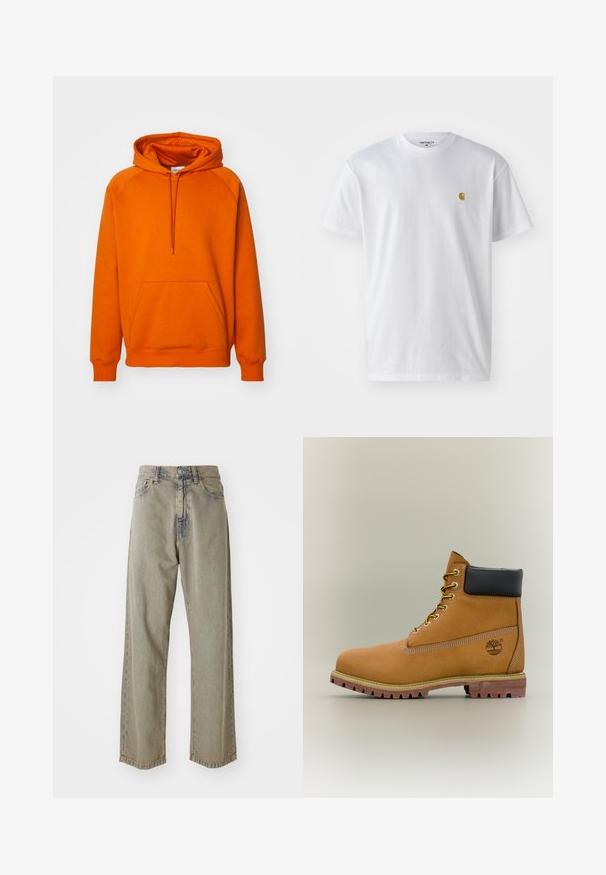 Sudadera naranja con un bolsillo canguro frontal, capucha con cordón y puños acanalados. Fabricada con un tejido suave y de textura lisa.; Camiseta de algodón blanca con mangas cortas, cuello redondo, que presenta un pequeño logo dorado en la parte izquierda del pecho. Textura suave y corte regular.; Jeans de pierna ancha de color gris claro, hechos de denim, con una textura desgastada, costuras visibles y cierre tradicional de botón y cremallera.; Bota de tobillo de cuero marrón con cuello negro, cordones amarillos y suela beige. Presenta un logotipo y detalles de costura blanca. Suela exterior con tracción robusta.