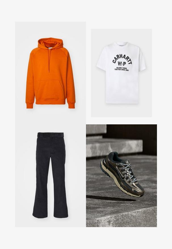 Sudadera naranja con un bolsillo canguro frontal, capucha con cordón y puños acanalados. Fabricada con un tejido suave y de textura lisa.; Camiseta blanca de manga corta con cuello redondo con texto negro "CARHARTT WIP", un gráfico de una mano sosteniendo tela y el eslogan "HOLDING THINGS TOGETHER SINCE 1989".; Pantalones de pana negros con un corte relajado, que presentan una cinturilla clásica y piernas acampanadas, textura suave y sin patrones o acentos visibles.; Zapatilla de correr Nike metálica oscura y negra con suela beige flotando sobre escalones grises de hormigón.