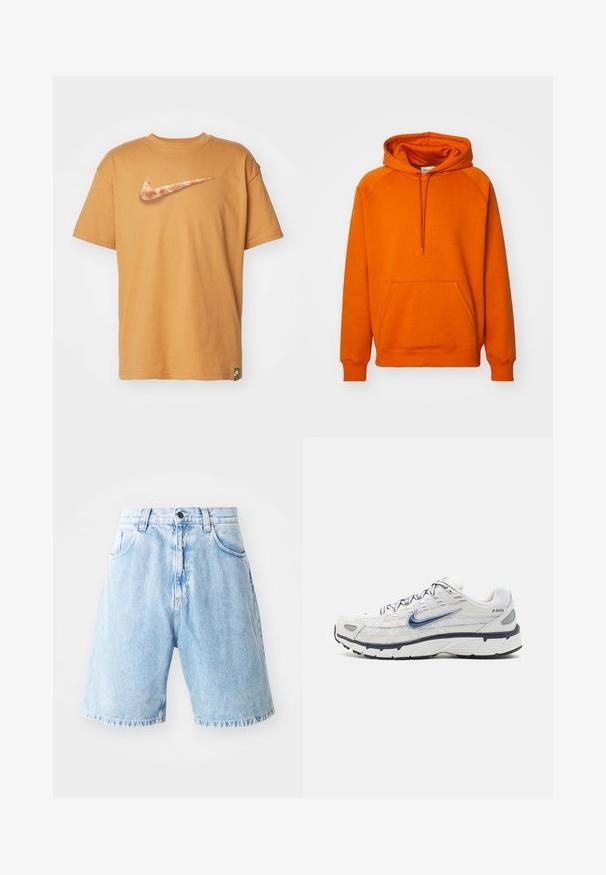 Sudadera naranja con un bolsillo canguro frontal, capucha con cordón y puños acanalados. Fabricada con un tejido suave y de textura lisa.; Nike Sportswear TEE - Camiseta estampada - flax; Shorts de mezclilla azul claro con talle alto, que cuentan con dos bolsillos frontales, un cierre de botón y detalles de dobladillo deshilachado. Diseño de ajuste casual.; Nike Sportswear P 6000 - Zapatillas - phantom/obsidian/summit white/white/black/metallic silver
