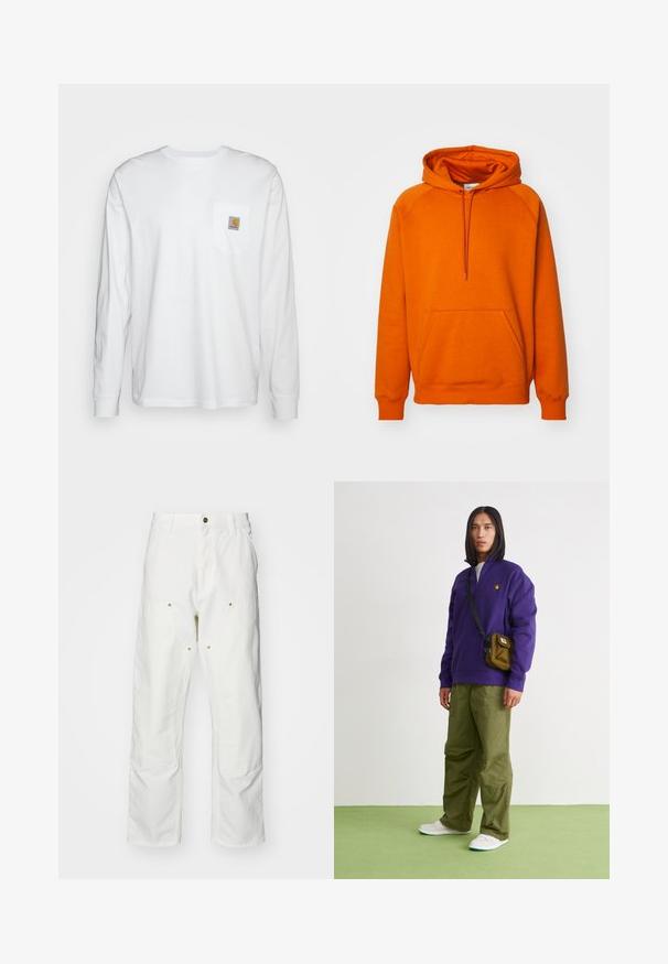 Sudadera naranja con un bolsillo canguro frontal, capucha con cordón y puños acanalados. Fabricada con un tejido suave y de textura lisa.; Camisa blanca de manga larga hecha de algodón, con un bolsillo en el pecho que lleva un parche de logo cuadrado. Diseño sencillo con escote redondeado y mangas con puños.; Pantalones cargo de algodón blancos con un corte relajado. Las características incluyen bolsillos frontales, detalles en dorado y secciones de rodilla reforzadas.; Jordan AIR JORDAN 1 ZM CMFT 2 - Zapatillas altas - summit white/bicoastal/oxidized green
