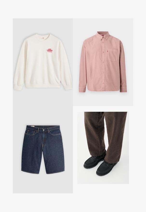 Sudadera blanca de cuello redondo con texto rojo "Levi Strauss & Company" en la parte superior izquierda del pecho y puños y dobladillo acanalados.; Camisa rosa de manga larga con botones, bolsillo frontal y cuello abotonado, mostrada sobre un fondo liso.; Pantalones cortos de mezclilla en azul oscuro, con un diseño clásico que incluye cinco bolsillos, costuras cosidas, cierre de botón y bolsillos traseros curvados.; Zapatos de cuero negro con un acabado liso, punta redondeada y diseño con cordones, combinados con pantalones marrones texturizados. Vista desde abajo.