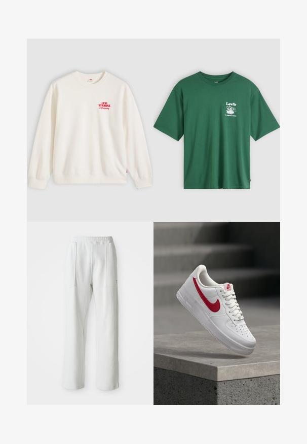 Hvid crewneck sweatshritt med rød "Levi Strauss & Company" tekst på øverste venstre bryst samt ribstrikkede manchetter og kant.; Grøn bomulds-T-shirt med rund hals, korte ærmer og hvidt grafisk tryk med "Levi's" og en illustration på forsiden.; Hvide afslappede bukser med en elastisk talje og store forreste lommer, vist på en ensfarvet lys baggrund.; Hvid Nike Air Force 1 sneaker med rødt swoosh-logo svæver over en betonafdækning og trapper i baggrunden.