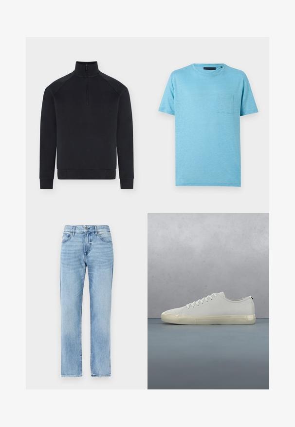 Pull noir à manches longues avec demi-fermeture éclair devant, col montant, poignets et bas côtelés, présenté sur fond blanc.; T-shirt bleu clair à manches courtes et col rond avec une petite poche sur la poitrine à gauche, sur un fond neutre.; Jean denim bleu clair droit avec poches avant, passants pour ceinture, bouton et fermeture éclair.; Baskets en cuir blanc avec lacets flottant au-dessus de carreaux en bois carrés et de petits cailloux, avec un arbre et un fond gris.
