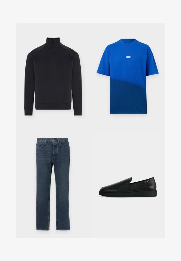 Pull noir à manches longues avec demi-fermeture éclair devant, col montant, poignets et bas côtelés, présenté sur fond blanc.; T-shirt bleu à manches courtes avec col rond, arborant un petit logo rectangulaire blanc avec l'inscription "HUGO" centré sur la poitrine, sur un fond uni.; Jean en denim bleu foncé avec une coupe droite, cinq poches, une fermeture à bouton et des coutures apparentes. Le matériau est texturé avec un design classique.; Chaussure noire en cuir à enfiler avec semelle épaisse et marquage "HUGO" en or près du talon sur un fond uni gris clair.