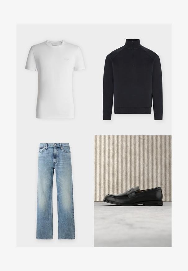 Pull noir à manches longues avec demi-fermeture éclair devant, col montant, poignets et bas côtelés, présenté sur fond blanc.; T-shirt blanc à manches courtes et col rond avec petit logo GUESS embossé sur le côté gauche de la poitrine, présenté sur un fond clair uni.; Jean droit en denim bleu clair avec taille haute, cinq poches, fermeture à boutons et léger délavage sur les cuisses et les genoux.; Mocassin en cuir noir avec une plaque de marque en métal reposant près d'une table ronde marron sur un sol recouvert de moquette beige.