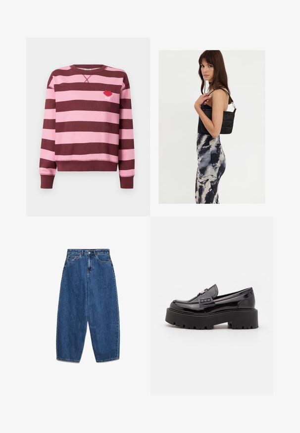 Bordeaux og lyserød stribet sweater med rund hals og ribbede manchetter. Har et broderet rødt læbe-logo med teksten "PARIS STUDIO".; Blå denimjeans med høj talje, afslappet pasform og lige ben. Klassisk design med fem lommer, lynlås og knaplukning.; Madden Girl CALISTA - Loafers - black; Sort quiltet skuldertaske med en enkelt rem og sølvhardware, parret med en tætsiddende kjole med tie-dye mønster i nuancer af sort og creme.
