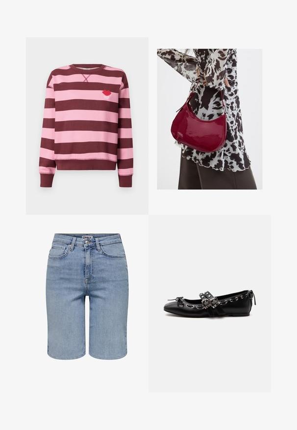 Bordeaux og lyserød stribet sweater med rund hals og ribbede manchetter. Har et broderet rødt læbe-logo med teksten "PARIS STUDIO".; Lyseblå denimshorts med forlommer, bæltestropper, en metalknap og en lynlåslukning.; Sort flad balletsko med dobbelt spænde, sølvøjer og en lille sløjfe nær den runde tå på en hvid baggrund.; Kvinde iført en sort- og hvidmønstret bluse, der holder en blank rød skuldertaske mod en ensfarvet baggrund.
