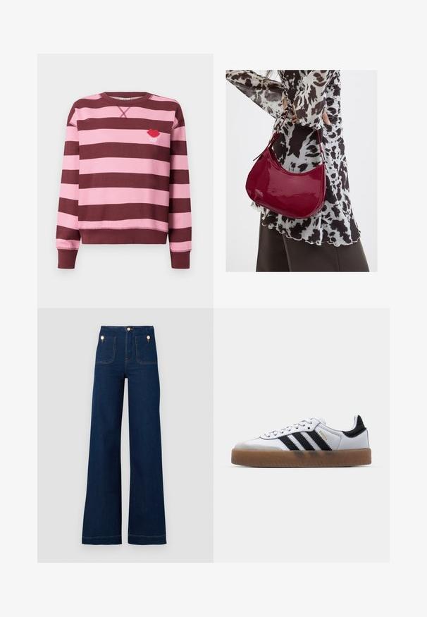 Bordeaux og lyserød stribet sweater med rund hals og ribbede manchetter. Har et broderet rødt læbe-logo med teksten "PARIS STUDIO".; Mørkeblå vidde jeans med høj talje, guldknap-detaljer, to for- og baglommer samt kontrastsyede detaljer. Tekstureret denim stof.; Hvide lædersneakers med sorte striber, gummirubber sål, rund tå, snørelukning og blød grå ruskinds tåhætte.; Kvinde iført en sort- og hvidmønstret bluse, der holder en blank rød skuldertaske mod en ensfarvet baggrund.