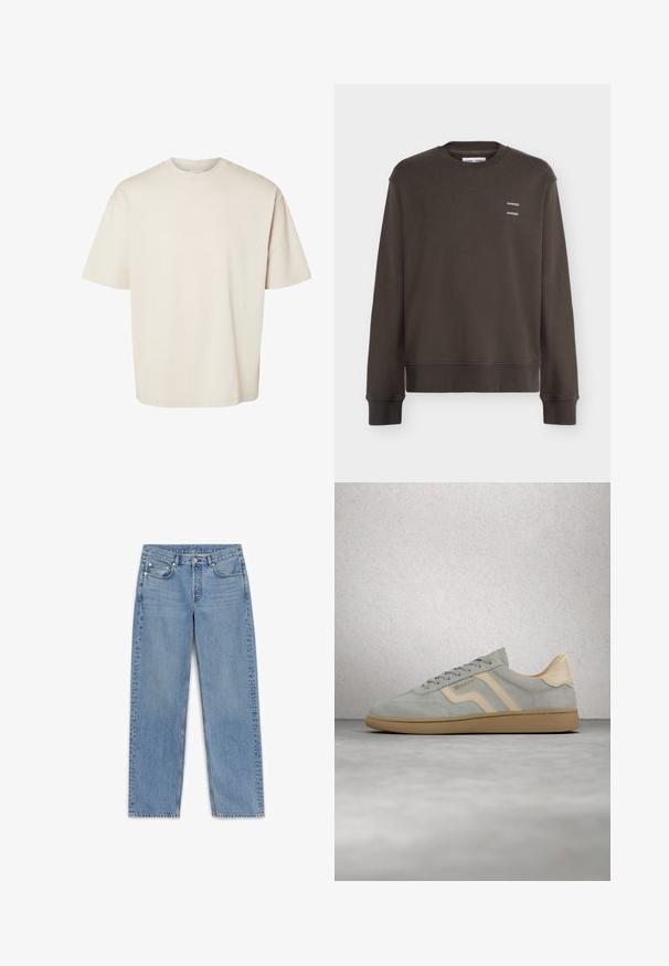 Mørkebrun crewneck-sweatshirt med ribkant på ærmer og bund, med lille hvid "SAMSØE" tekst trykt to gange på venstre bryst.; Simpel beige kortærmet oversize bomuld t-shirt med rund halsudskæring, vist fladt på hvid baggrund.; Lys blå denim jeans med lige pasform, fem lommer og subtilt slid. Har en knaplukning og stikninger langs sømmene.; Lysegrå ruskindsneaker med beige accenter og gummisål, svævende over poleret betongulv nær væg af glasblokke.