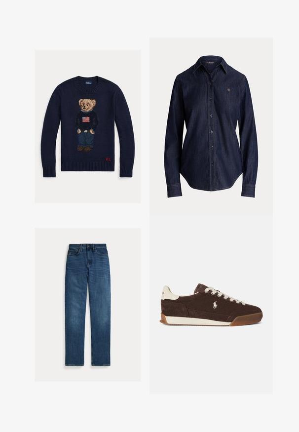 Marineblauer Strickpullover mit einem Teddybär, der Jeans und einen schwarzen Pullover mit amerikanischer Flagge trägt, rote "RL"-Initialen am unteren Saum.; Dunkelblaues Denim-Hemd mit langen Ärmeln, Knöpfen vorne, Kragen und "RL" auf der linken Brust bestickt.; Straight-leg blaue Denim-Jeans mit fünf Taschen, Knopfverschluss und subtilen Verwaschungen an Oberschenkeln und Knien, flach auf weißem Hintergrund gelegt.; Brauner Wildleder-Sneaker mit weißen Schnürsenkeln, kontrastierender weißer Ferse, Gummisohle und einem aufgestickten Logo an der Seite. Klassisches Low-Top-Design.