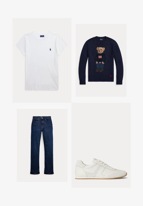 Marineblauer Strickpullover mit einem Teddybär, der Jeans und einen schwarzen Pullover mit amerikanischer Flagge trägt, rote "RL"-Initialen am unteren Saum.; Weißes T-Shirt mit kurzen Ärmeln und Rundhalsausschnitt mit kleinem dunkelblauem Polo Ralph Lauren Logo auf der linken Brust.; Dunkelblaue Straight-Leg-Denim-Jeans mit Frontknopf und Reißverschluss, Fünf-Taschen-Design und sichtbaren Nähten.; Weißer Sneaker mit niedrigem Schaft, Schnürung vorne, Velours- und Lederpaneelen sowie einer hellbraunen Gummisohle auf weißem Hintergrund.