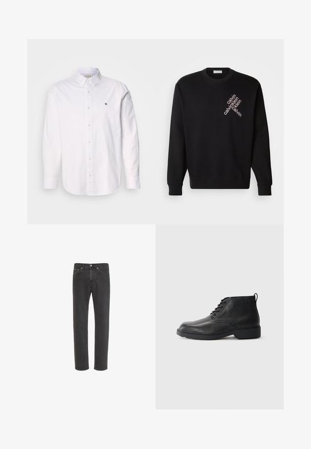 Sudadera negra hecha de algodón, con cuello redondo y mangas largas. Destaca un logo de texto diagonal en rosa claro en el frente.; Camisa blanca de algodón, con cuello clásico, mangas largas y un pequeño logo de CK en el lado izquierdo del pecho. Textura suave.; Vaqueros negros de corte recto con cierre delantero de botón y cremallera, bolsillos delanteros y traseros, mostrados sobre fondo blanco.; Botas de cuero negro con acabado texturizado, puntera redonda, cordones en la parte frontal y suela de goma resistente. Presenta una pequeña lengüeta en la parte trasera.
