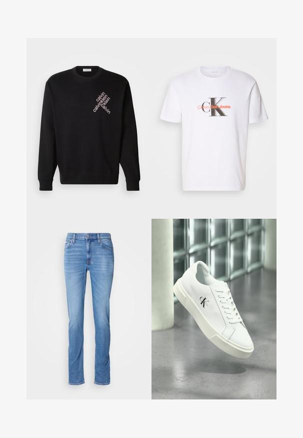 Sudadera negra hecha de algodón, con cuello redondo y mangas largas. Destaca un logo de texto diagonal en rosa claro en el frente.; Camiseta de algodón blanca con un diseño gráfico que presenta "Calvin Klein Jeans" en naranja y un "CK" estilizado en negro y gris.; Vaqueros de mezclilla azul para hombre con corte recto, bolsillos delanteros y traseros, y una pequeña etiqueta de Calvin Klein cerca del bolsillo delantero derecho.; Zapatilla blanca Calvin Klein con cordones, mostrada flotando sobre un suelo de cemento pulido y un fondo de pared de bloques de vidrio.