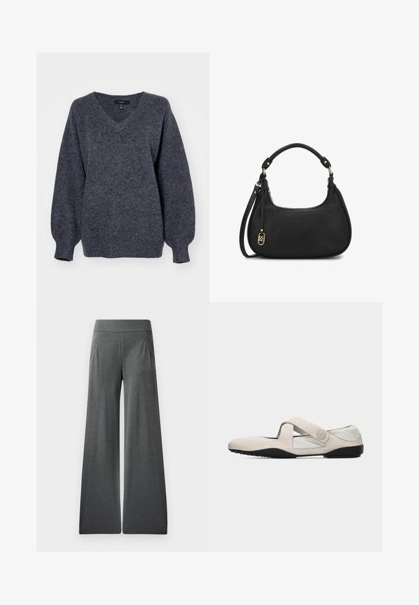 Pull gris en V en matière tricotée douce et texturée. Présente des manches longues légèrement bouffantes et une coupe décontractée.; Pantalons larges gris avec une taille plate, des plis à l'avant et une texture lisse, conçus pour le confort et la liberté de mouvement.; Chaussure Mary Jane beige avec bride croisée, semelle noire et tige en tissu doux, conçue pour un confort décontracté et un port quotidien.; Sac à main en cuir noir avec une poignée supérieure incurvée, une bandoulière détachable et un petit charm doré décorative sur la fermeture éclair.