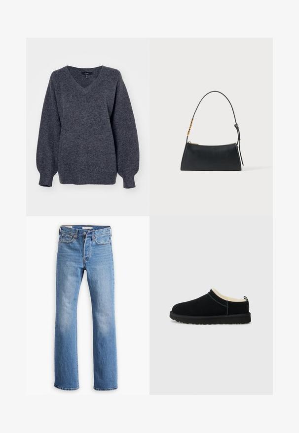 Grauer V-Ausschnitt-Pullover aus weichem, strukturiertem Strickmaterial. Verfügt über lange, leicht gepuffte Ärmel und eine lockere Passform.; Blaue Jeans aus Denim mit geradem Bein, hoher Taille, klassischer Fünf-Taschen-Optik und auffälligen Verblassungen an den Oberschenkeln.; Schwarzer Wildlederschuh zum Hineinschlüpfen mit einem weichen beigen Innenfutter, runder Zehenform und strukturiertem Gummisohle. Minimalistisches Design mit dezenten Nähten.; Schwarze Lederhandtasche mit goldenem Reißverschluss und verstellbarem Riemen mit goldenen rechteckigen Details auf weißem Hintergrund.