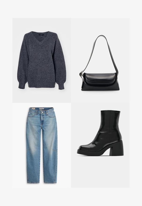 Grauer V-Ausschnitt-Pullover aus weichem, strukturiertem Strickmaterial. Verfügt über lange, leicht gepuffte Ärmel und eine lockere Passform.; Hellblaue Jeans aus Denim mit lockerem Schnitt, geradem Bein, Knopfleiste und Fünf-Taschen-Stil sowie dezenten Verblassungen und Ziernähten.; Schwarze Stiefeletten mit glänzender Oberfläche, quadratischer Zehenpartie und dicker Blockabsatz. Das Design zeichnet sich durch eine nahtlose Silhouette und minimalistische Markenkennzeichnung aus.; Schwarze Lederhandtasche mit strukturiertem Design, glatter Textur und einem einzelnen Schulterriemen. Verfügt über ein dezentes, abgerundetes Klappendesign.