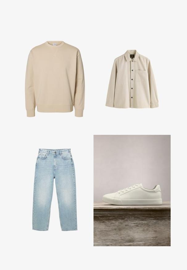 Beige crewneck sweatshirt med lange ærmer, ribstrikkede manchetter og kant samt en lille syet V-detalje under kraven.; Beige langærmet skjorte med knapper, krave og en brystlomme, lavet af et robust stof.; Lyseblå høj talje denim jeans med lige ben, for- og baglommer samt lukning med knap og synlig syning.; Hvide snørresneakers svævende over en træbænk med grønne planter i baggrunden, der fremhæver skodesign og tekstur.