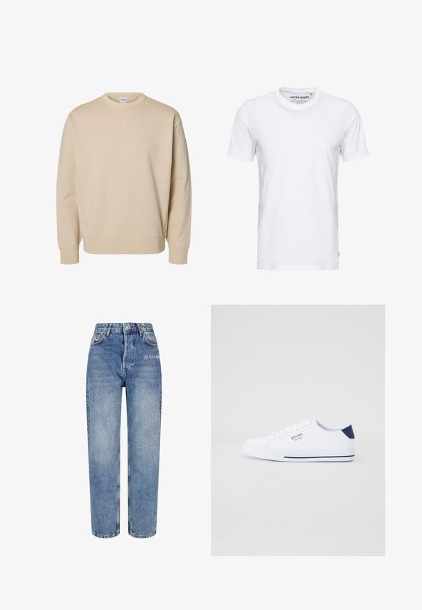 Beiges Sweatshirt mit Rundhalsausschnitt, langen Ärmeln, gerippten Bündchen und Saum sowie einem kleinen aufgenähten V-Detail unter dem Kragen.; Weißes T-Shirt mit kurzen Ärmeln aus Baumwolle, mit Rundhalsausschnitt und einem schlichten Design. Markentag im Nackenbereich sichtbar. Keine Muster oder Verzierungen.; Hellblaue Denim-Jeans mit hoher Taille, geradem Bein und kontrastierendem Nähen. Besitzt einen gestickten Logo auf der Vorderseite und klassische fünf Taschen.; Weiße Canvas-Sneaker mit navyblauem Fersenakzent, flacher Gummisohle, runder Zehenpartie und weißen Schnürsenkeln. Mit Logo an der Seite.