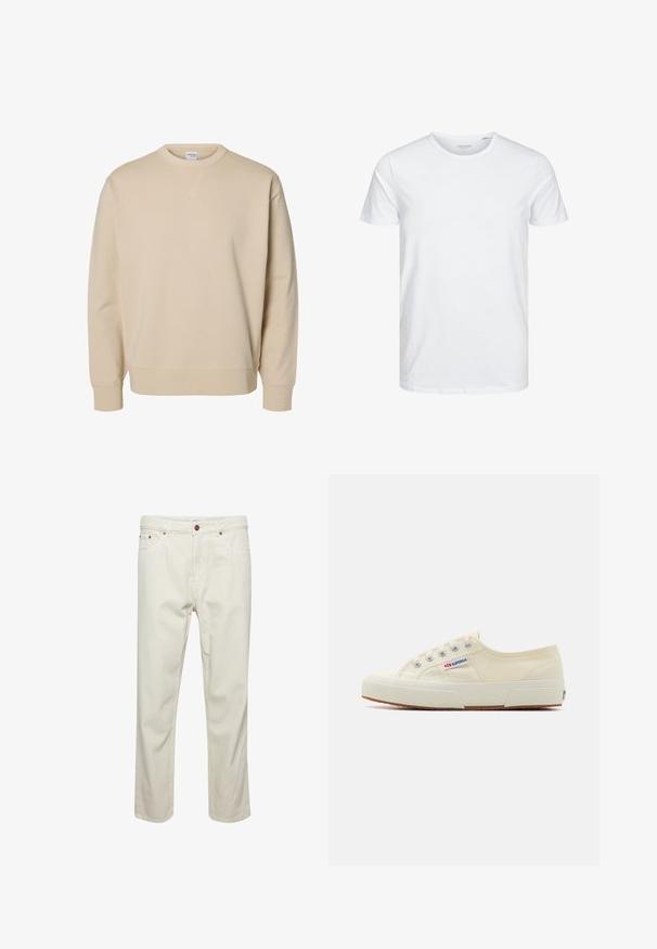 Sweat-shirt beige à col rond, manches longues, poignets et ourlet côtelés, avec un petit détail en V cousu sous le col.; T-shirt à col rond à manches courtes de couleur blanche unie, fabriqué en coton doux, avec un design simple sans motifs ni accents visibles.; Pantalons en coton beige avec une coupe droite, cinq poches, fermeture à bouton et détails de couture subtils. Texture uniforme sans motifs visibles.; Baskets en toile beige au design épuré, œillets en métal et semelle en caoutchouc. Présente un motif texturé et un détail de logo sur le côté.