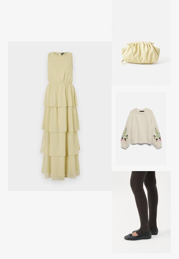 Pull en maille crème avec de longues manches bouffantes présentant des motifs floraux brodés colorés près des poignets.; Robe sans manches à volants en jaune clair avec un motif à pois. L'élastique à la taille offre une silhouette ajustée. Tissu doux et fluide.; Jambes portant des leggings côtelés foncés associés à des ballerines noires avec de petits détails en nœud sur fond blanc.; Sac à main plissé jaune en simili cuir lisse, arborant une forme douce avec une bandoulière unique et un design froncé sur le dessus.