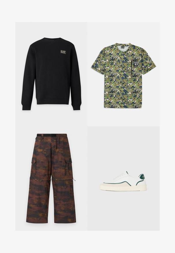 Sudadera negra de manga larga con cuello redondo y pequeño logo blanco EA7 Emporio Armani en la parte superior izquierda del pecho.; Camiseta de manga corta con un patrón de camuflaje en tonos verdes, marino y beige, con un bolsillo y una etiqueta en el delantero.; Pantalones cargo en un tejido marrón texturizado con un patrón abstracto desgastado. Presentan piernas anchas, cinturilla elástica y múltiples bolsillos.; Zapatilla baja blanca con detalles en verde, gamuza beige y suela de color crema con un fondo estriado.