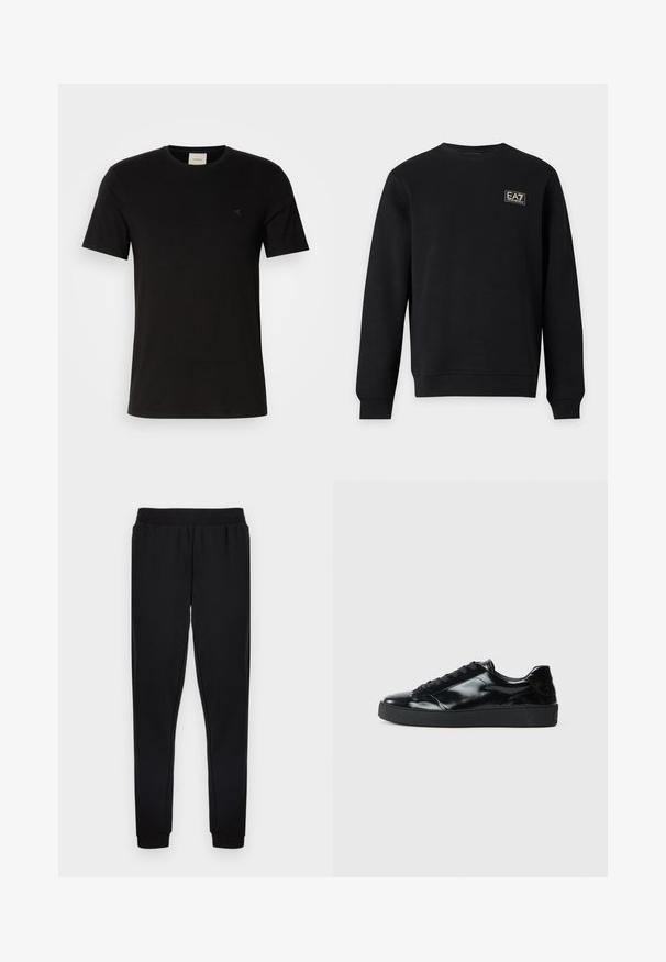 Sort langærmet sweatshirt med rund hals og lille hvid EA7 Emporio Armani-logo på øverste venstre bryst.; Sort bomulds T-shirt med korte ærmer, rund halsudskæring og et lille Calvin Klein-logo på brystet. Glat tekstur, klassisk pasform.; Sorte joggingbukser med elastisk taljebånd, tilspidsede ben og ribstrikkede ankler, lavet af blødt stof uden synlige mønstre.; Sorte laklæder sneakers med rund tå, snørredesign, tekstureret gummisål og en glat overflade.
