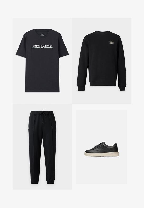 Sort langærmet sweatshirt med rund hals og lille hvid EA7 Emporio Armani-logo på øverste venstre bryst.; Sort bomulds T-shirt med "Armani Exchange" logo og "1991" i hvid og lyseblå tekst på tværs af brystet. Korte ærmer, rund halsudskæring.; Sorte joggerbukser med en snøre i taljen, elastiske manchetter og en tætsiddende pasform. Lavet af blødt, strækbart stof med en glat tekstur.; Sort lavtop lædersneaker med sorte snørebånd og en tyk off-white gummisål, vist på en hvid baggrund.
