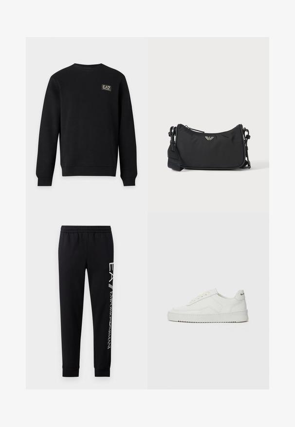 Čierna mikina s dlhým rukávom a guľatým výstrihom s malým bielym logom EA7 Emporio Armani na hornej ľavej časti hrudníka.; Čierne tepláky vyrobené z bavlnenej zmesi, s elastickým pásom, zúženými nohavicami, ribovanými manžetami a bielym logom na boku.; Biele kožené tenisky s hladkým povrchom, okrúly špičkový dizajn, ploché šnúrky a textúrovaná podrážka. Obsahujú jemné logo na päte.; Čierna obdĺžniková crossbody taška so strieborným logom značky a nastaviteľným popruhom na svetlom pozadí.