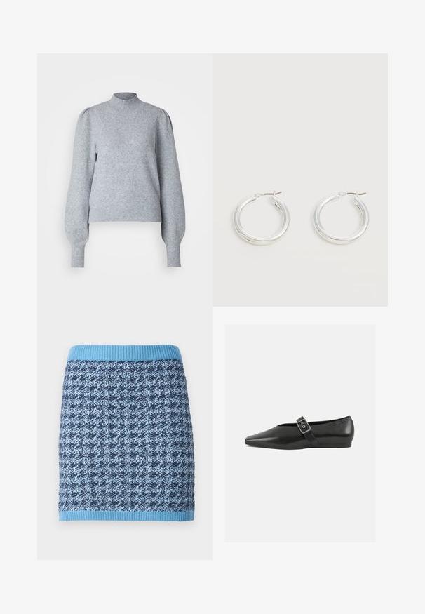 Hellgrauer Pullover mit hohem Kragen, langen Puffärmeln und gerippten Bündchen und Saum. Hergestellt aus weichem, strukturiertem Stoff.; Strickrock mit geometrischem Muster in Blautönen, ausgestattet mit einem gerippten, hellblauen Bund und einer strukturierten Stoffoberfläche.; Schwarze Lederflachschuhe mit spitzem Zehenbereich, ausgestattet mit einem metallischen Riemen über dem Spann und einer niedrigen, flexiblen Sohle.; Paar mittelgroße glänzende silberne Hoop-Ohrringe mit dünnen Metallverschlüssen auf hellem neutralem Hintergrund.